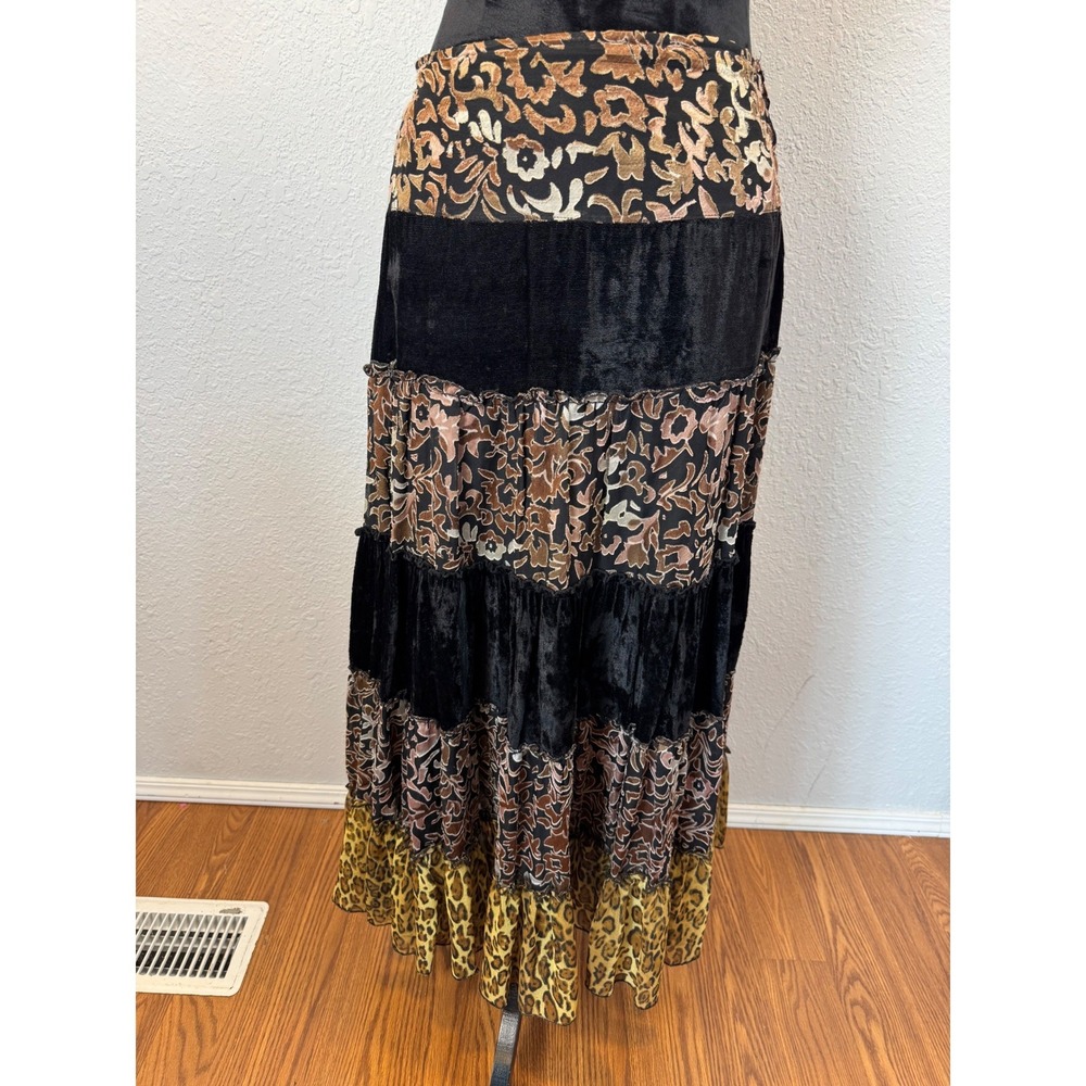 ISHYU Petite Tiered Velvet Mixed Print Maxi Skirt Boho Animal Floral Black 2P